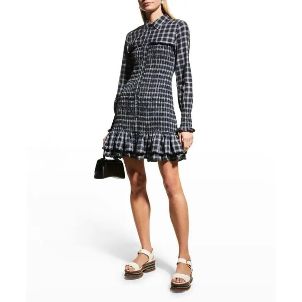 New Veronica Beard Kelsey Plaid Mini Shirtdress Navy White 6 $448